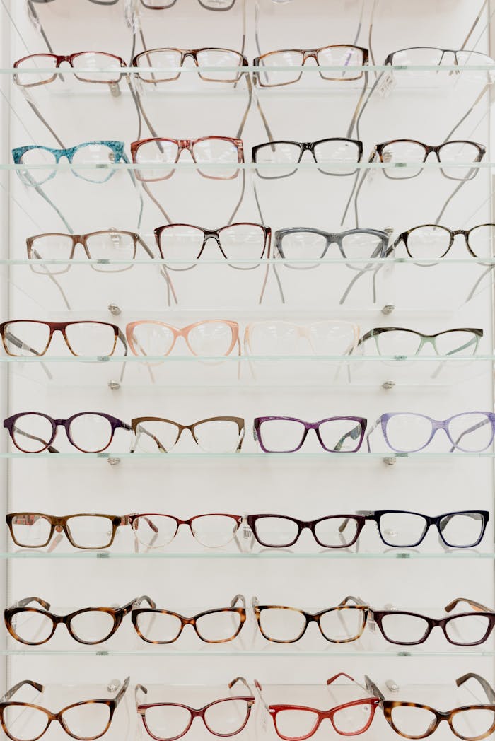 glasses with optical lenses placed on shelves 5766564